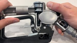The newly standard EZ Lever is a two-piece design that dramatically reduces the amount of force required to operate the nozzle—less than five pounds compared to the typical 10 to 15 pounds.
